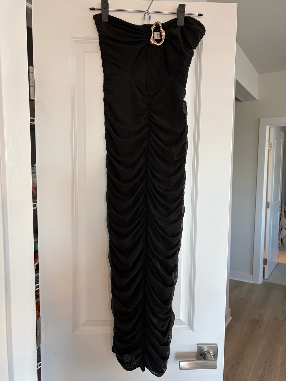 Oh Polly Black Strapless Ruched Maxi Dress with Buckle Accent